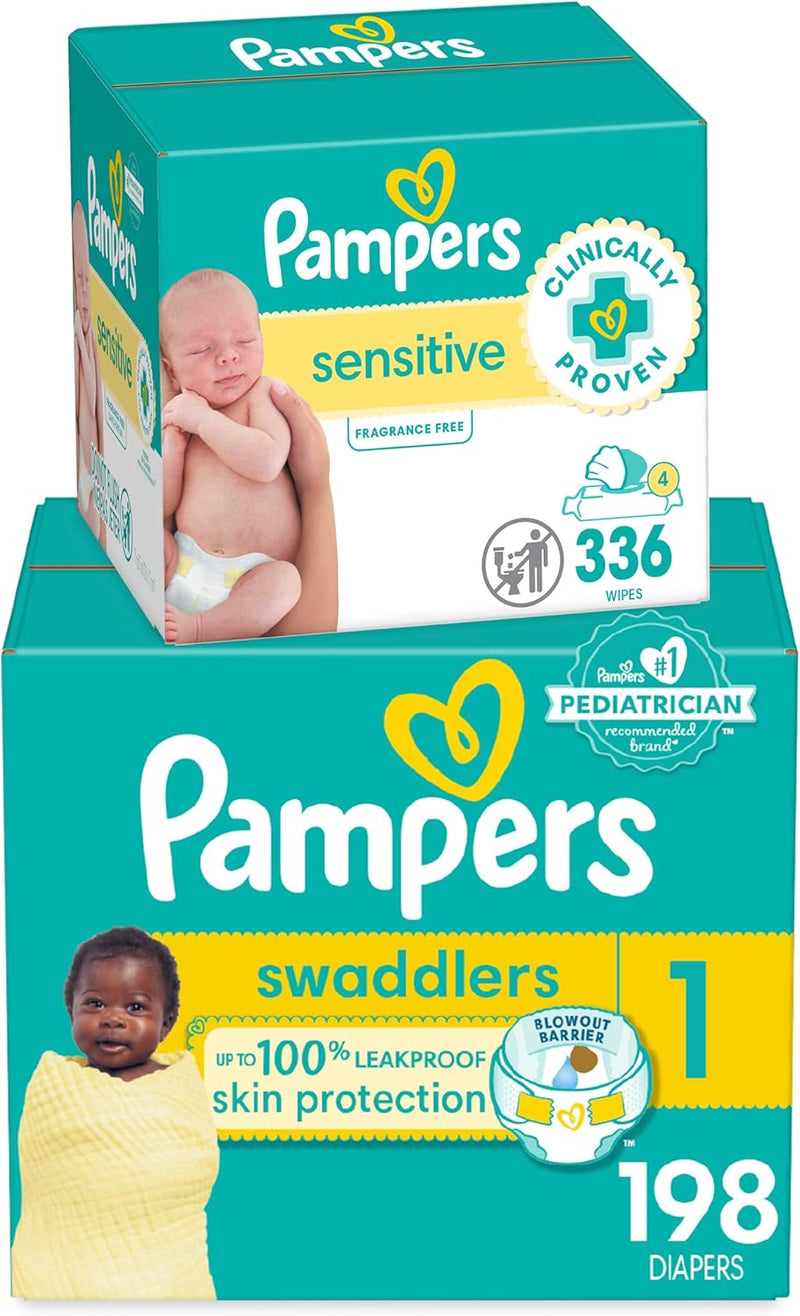 Pampers Swaddlers Disposable Baby Diapers Size 1, One Month Supply (198 Count) with Sensitive Water Based Baby Wipes 6X Pop-Top Packs (336 Count)