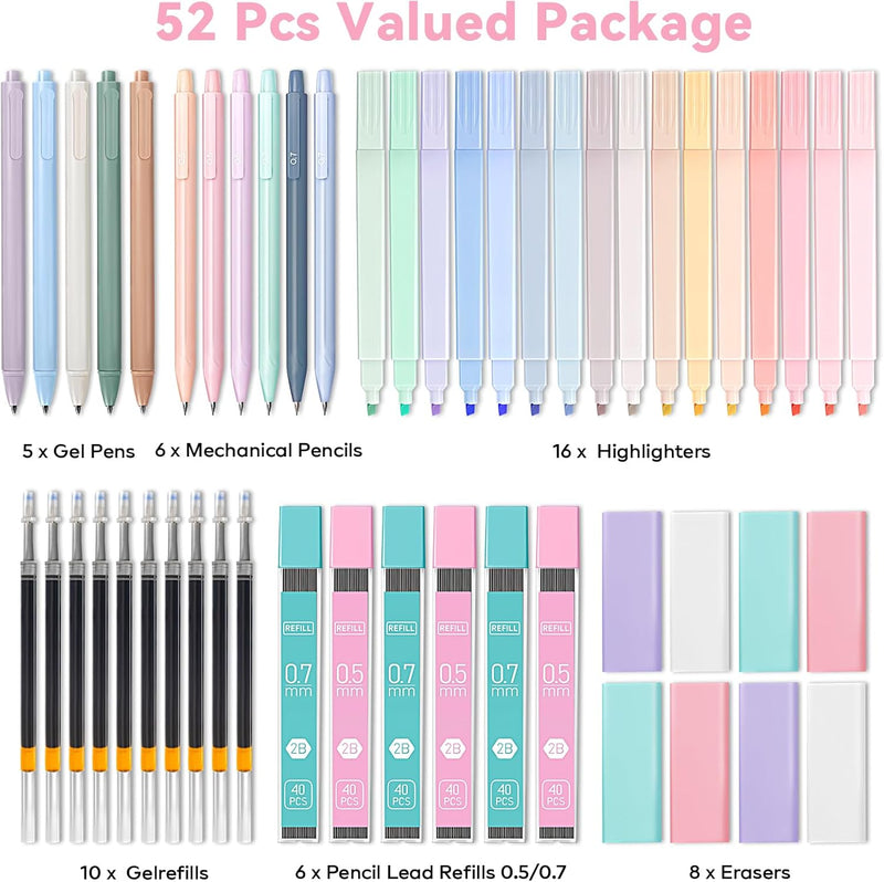 52 PCS Aesthetic School Supplies with Cute Pencil Case, Stationery Essentials with Pens Pencils and Pastel Highlighters Set, College Back to School Supplies for Teen Girls, Office Supplies - Pink