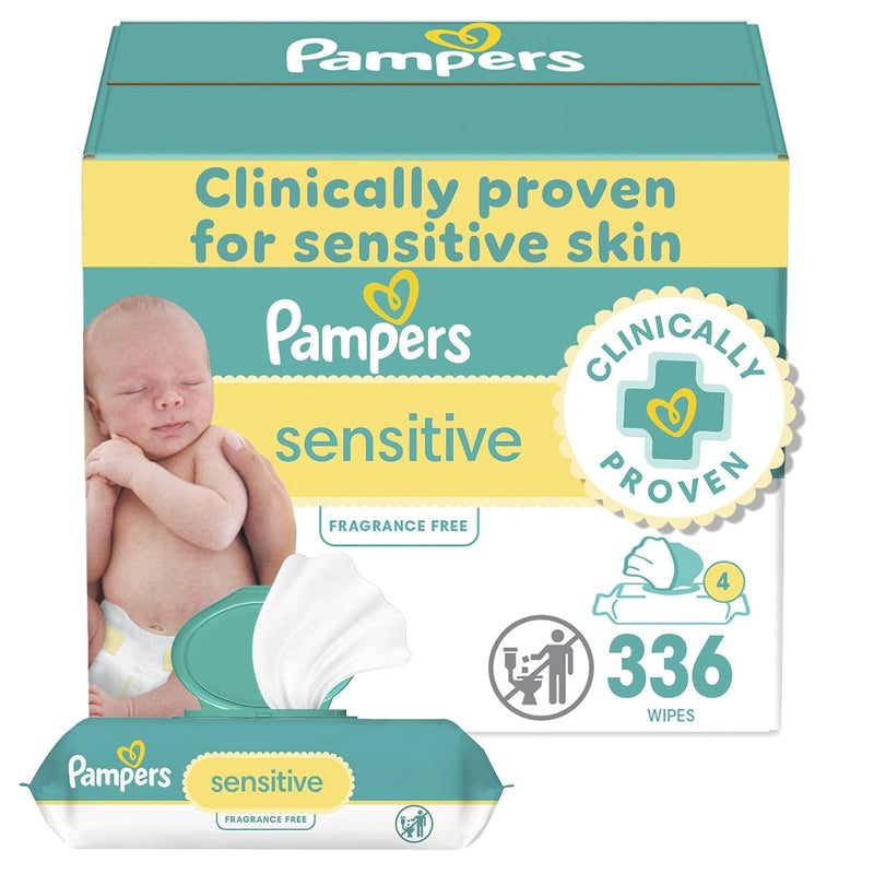 Pampers Sensitive Baby Wipes, Water Based, Hypoallergenic and Unscented, 4 Flip-Top Packs (336 Wipes Total)