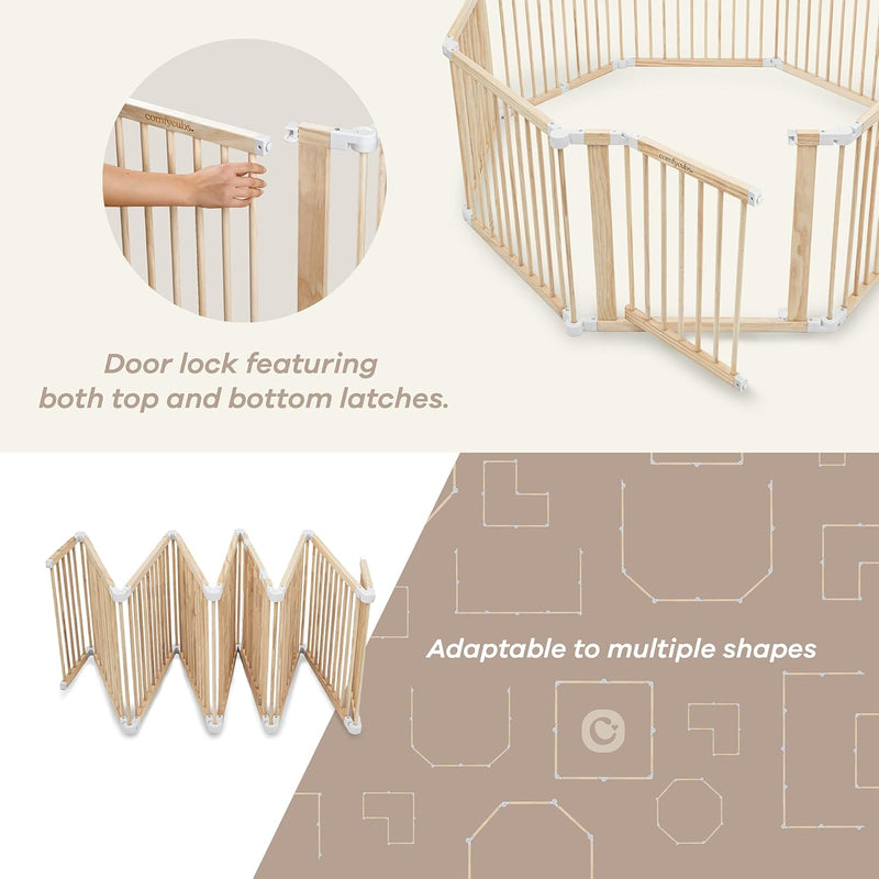 Baby Playpen & Baby Gate for Toddler and Babies, Foldable Wooden Large Shape & Size Adjustable Playard, Play Fence with Locking Gate Activity Center, Toddler Fence Play Area Indoor by Comfy Cubs