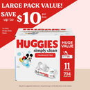 Huggies Simply Clean Fragrance-Free Baby Wipes, Unscented Diaper Wipes, 11 Flip-Top Packs (704 Wipes Total)