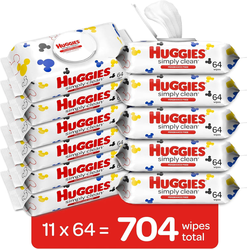 Huggies Simply Clean Fragrance-Free Baby Wipes, Unscented Diaper Wipes, 11 Flip-Top Packs (704 Wipes Total)