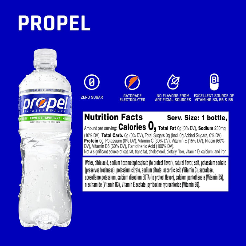 Propel, Kiwi Strawberry, Zero Calorie Sports Drinking Water with Electrolytes and Vitamins C&E, 16.9 Fl Oz (Pack of 12) - Packaging May Vary